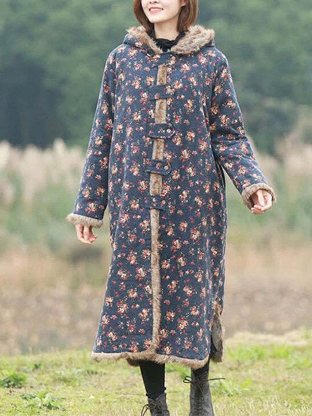 Buddha Trends Quilted Floral Long Parka Coat Faux Fur Hooded Toggle Jacket